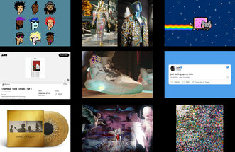 (v. l. n. r.) CryptoPunks (2017), Dolce & Gabbana Kollektion (2021), Nyan Cat (2021), New York Times Artikel (2021), Nike Sneaker (2022), Jack Dorseys erster Tweet (2021), Kings of Leon Album (2021), Video der Sängerin Grimes (2021), Everydays von Beeple (2021).